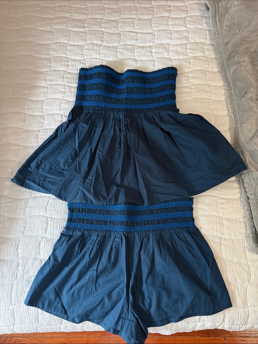 Strapless Navy Smocked Bodysuit Romper